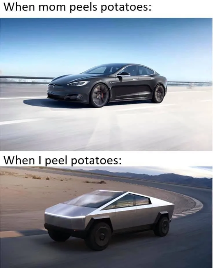 The meme features two images of Tesla vehicles. The top image shows a sleek, dark gray Tesla Model S speeding on a highway…