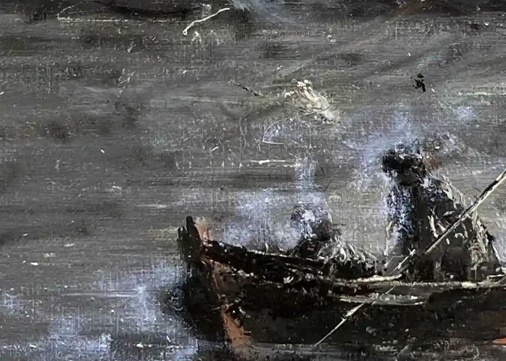 A dark, textured painting depicts a small, weathered boat with a person in it, struggling through choppy, gray water. The…