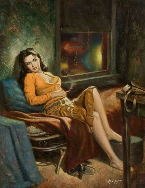 A vintage painting depicts a woman lounging on a chaise lounge in a dimly lit room, wearing an orange top and patterned…