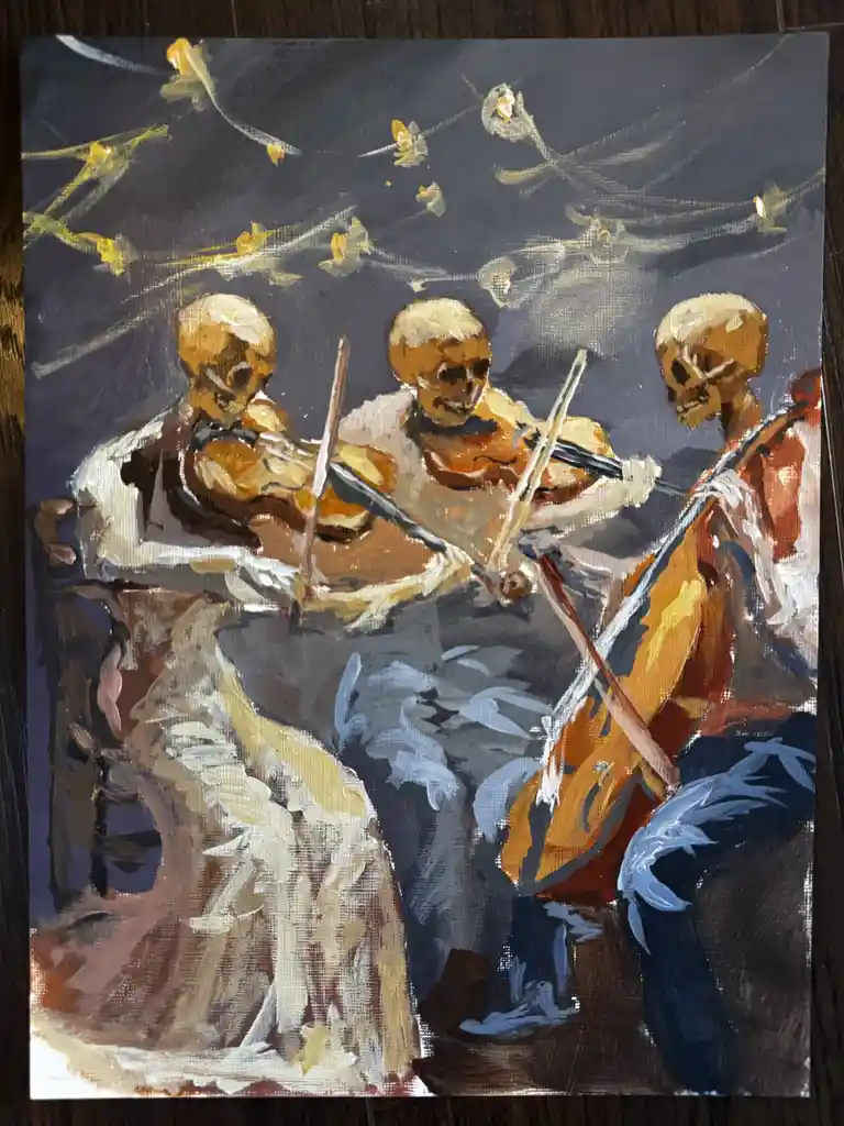 An oil painting depicts three skeletal figures in white robes playing string instruments — two violins and a cello — against…