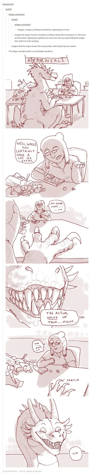 A comic strip depicts a dragon at an 'APPRAISALS' booth at an Antiques Roadshow, nervously evaluating a hoard of worthless…