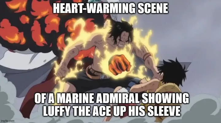 An anime scene shows a muscular man with dark hair and a glowing fist hovering over a smaller boy with black hair. The man…
