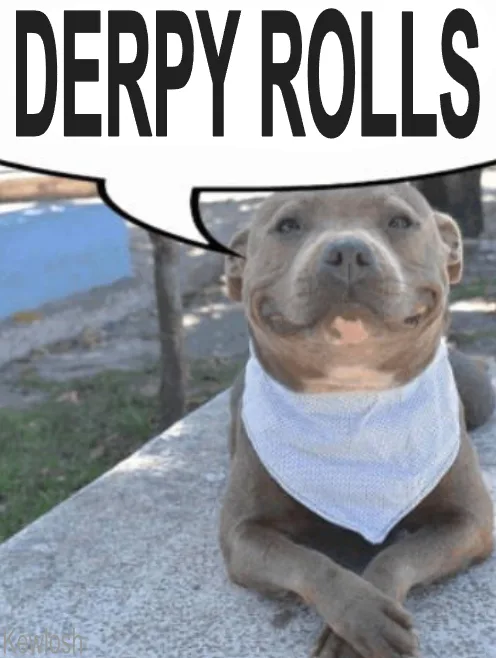 A light brown pit bull dog wearing a white bandana lies on a concrete surface, looking upward with a goofy, slightly smug…
