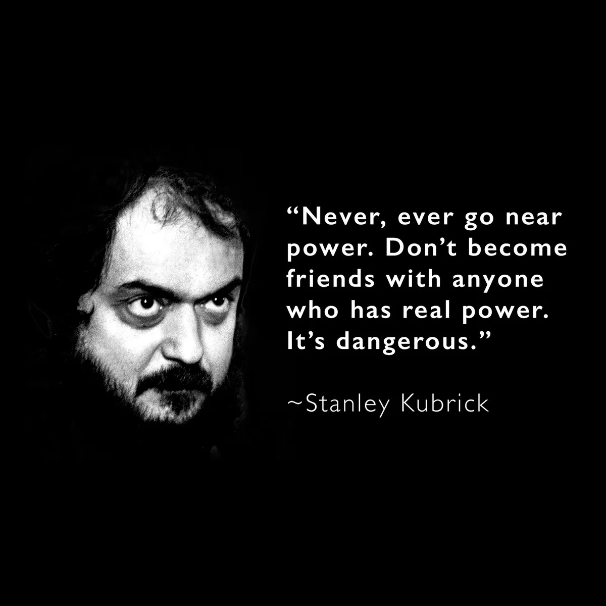 A black-and-white image shows a close-up of Stanley Kubrick's intense, staring face on the left side. To the right, white…