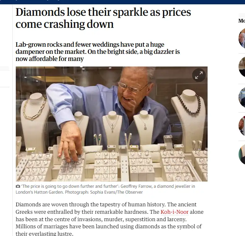 A man in a blue shirt and glasses smiles while touching a display of diamond jewelry in a store. The image is overlaid with…