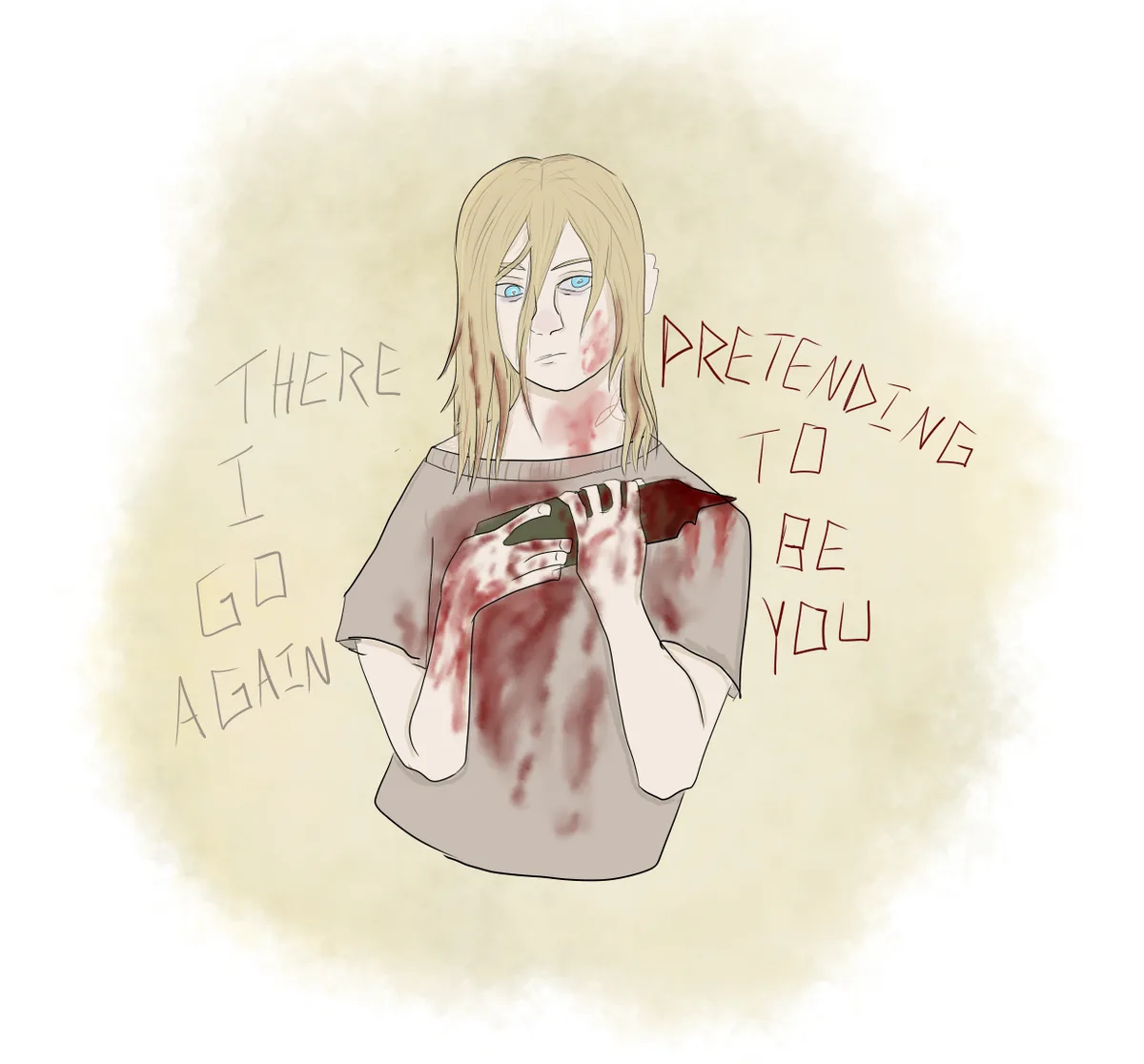 An anime-style illustration of a person with blonde hair and blue eyes, covered in blood, holding a bloody knife. The text…