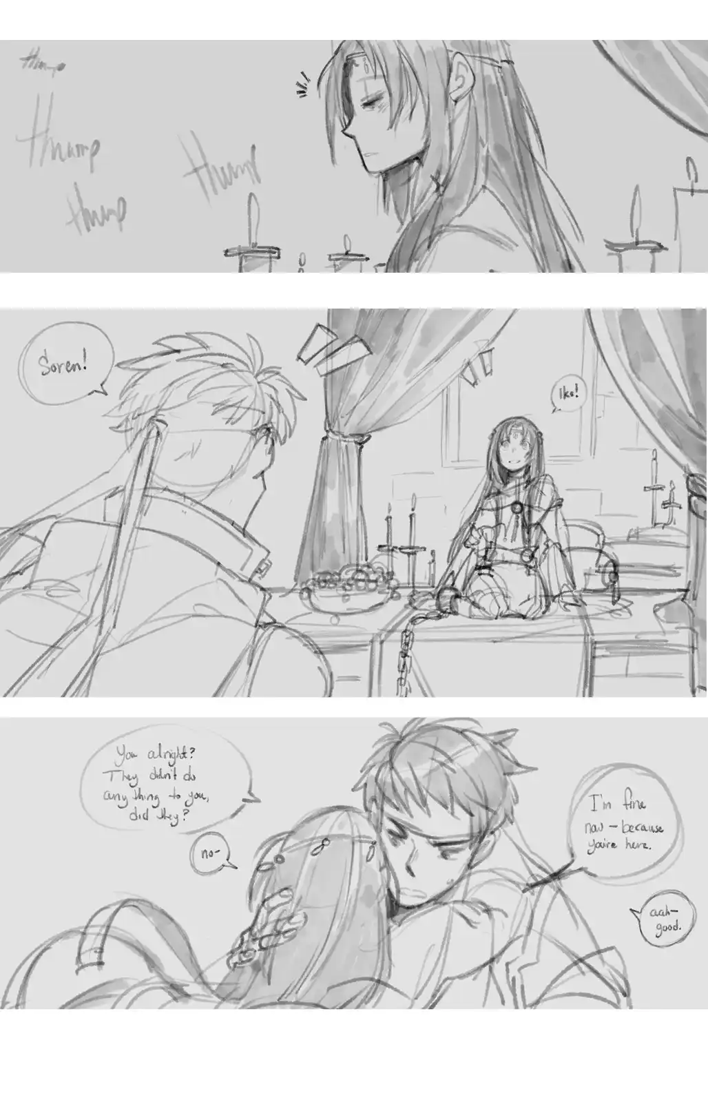 A three-panel black-and-white sketch depicts a dramatic scene from a fantasy setting. The first panel shows a character with…