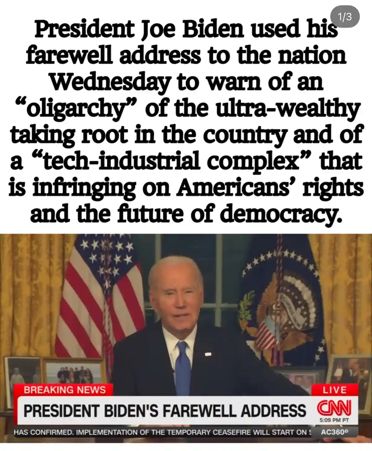 The image shows President Joe Biden speaking at a podium in what appears to be the Oval Office, flanked by American flags…