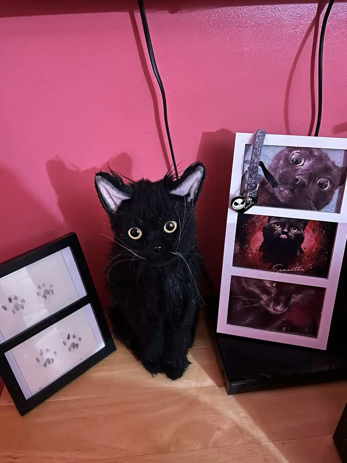 A black plush cat toy with large yellow eyes sits on a wooden surface next to a pink wall, flanked by two photo frames. One…