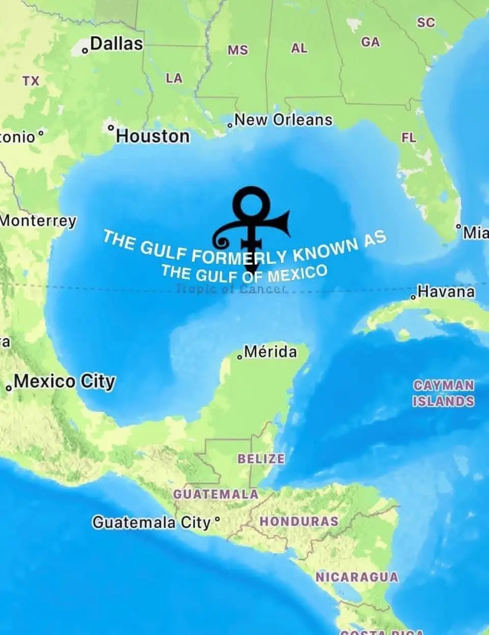A map of the Gulf of Mexico region with the Prince symbol overlaid in the center of the gulf. Text reads 'THE GULF FORMERLY…