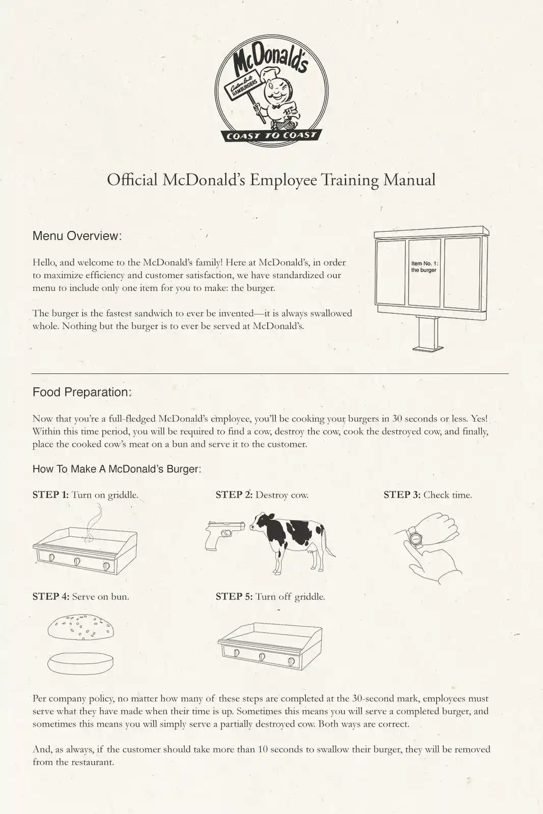 This image is a satirical 'McDonald's Employee Training Manual' that humorously outlines a five-step burger preparation…