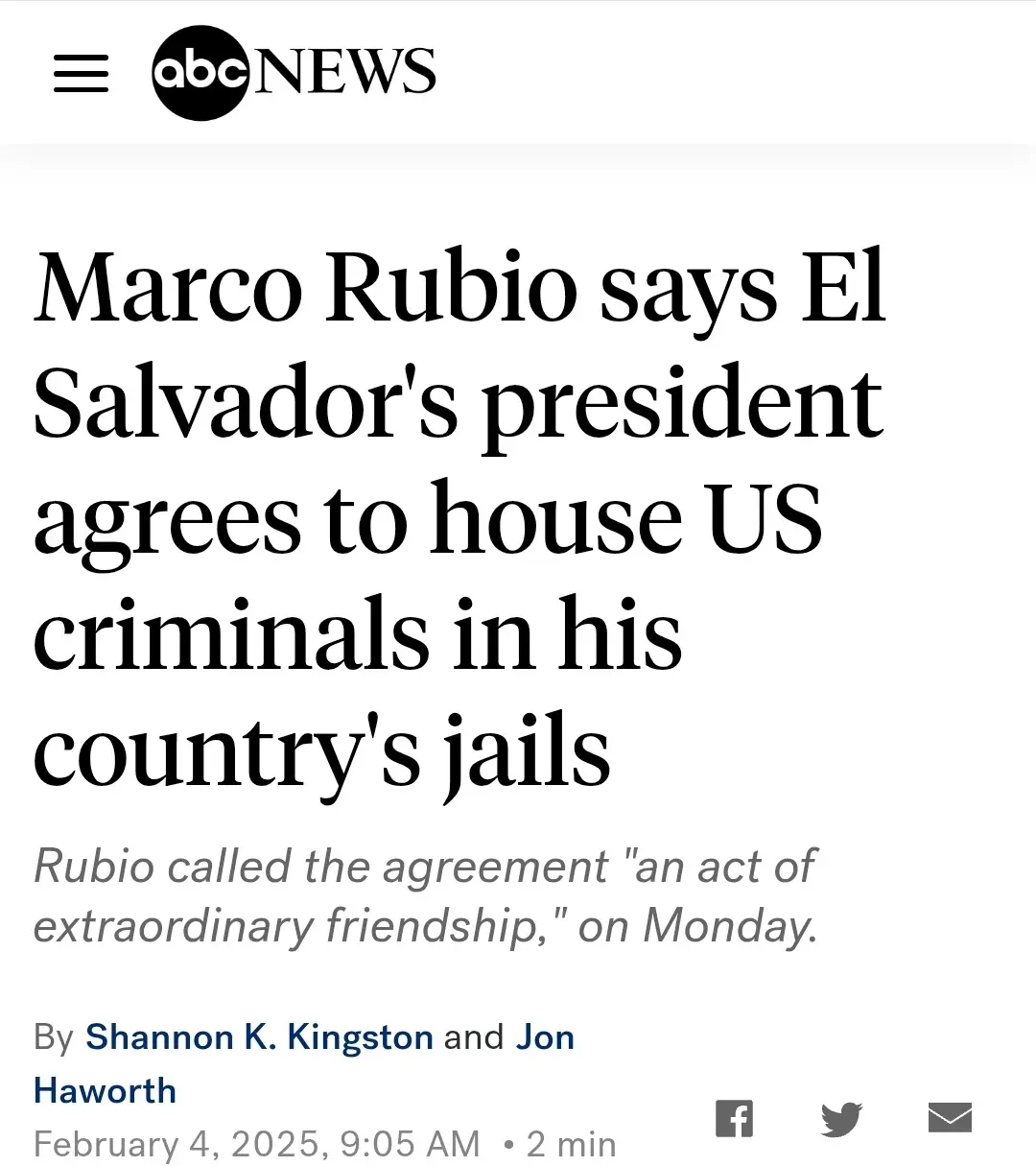 A screenshot of an ABC News article headline stating Marco Rubio claims El Salvador's president agrees to house US criminals…