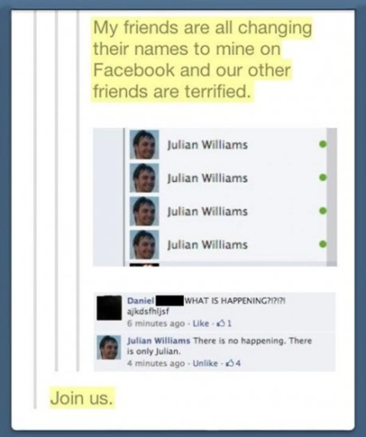 A screenshot of a Facebook interface shows a list of four identical profile entries for 'Julian Williams' with the same…