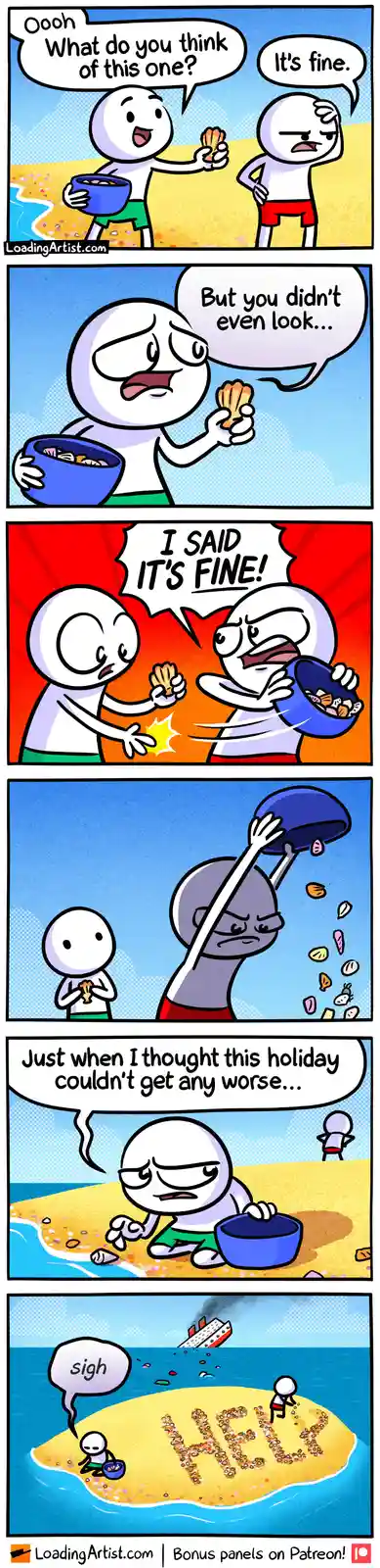 A five-panel comic strip shows two stick-figure beachgoers. One excitedly shows the other a seashell from a bowl of…