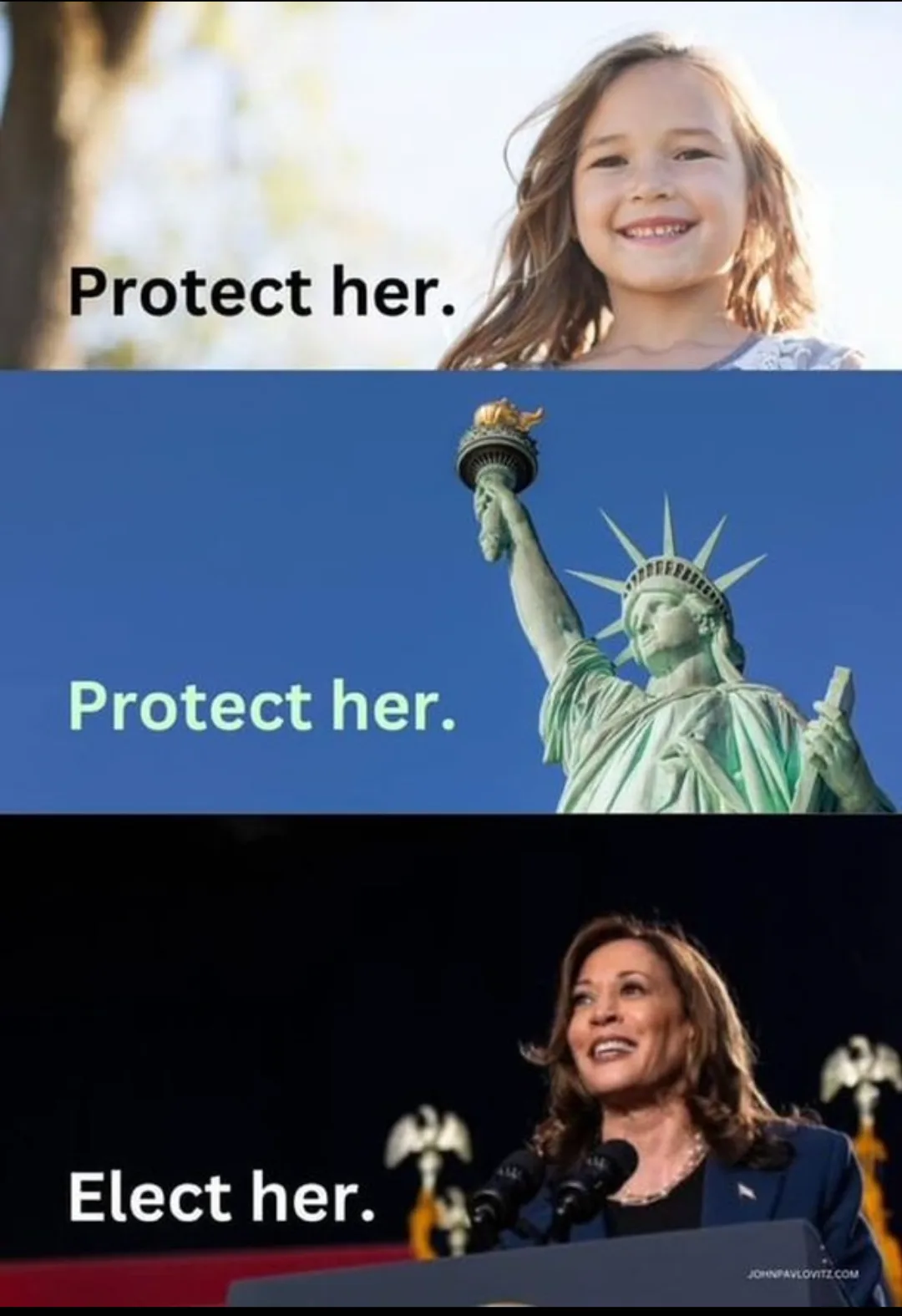 The meme features three panels: a smiling young girl with text 'Protect her.', the Statue of Liberty with text 'Protect…