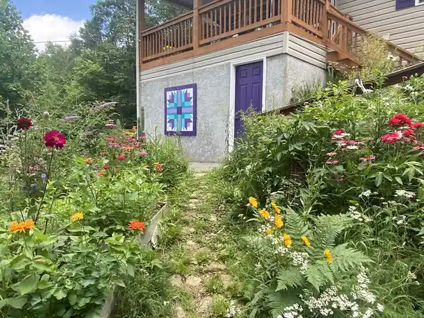 A vibrant, overgrown garden path leads to a house with a purple door and a large, colorful quilt hanging on the wall. The…