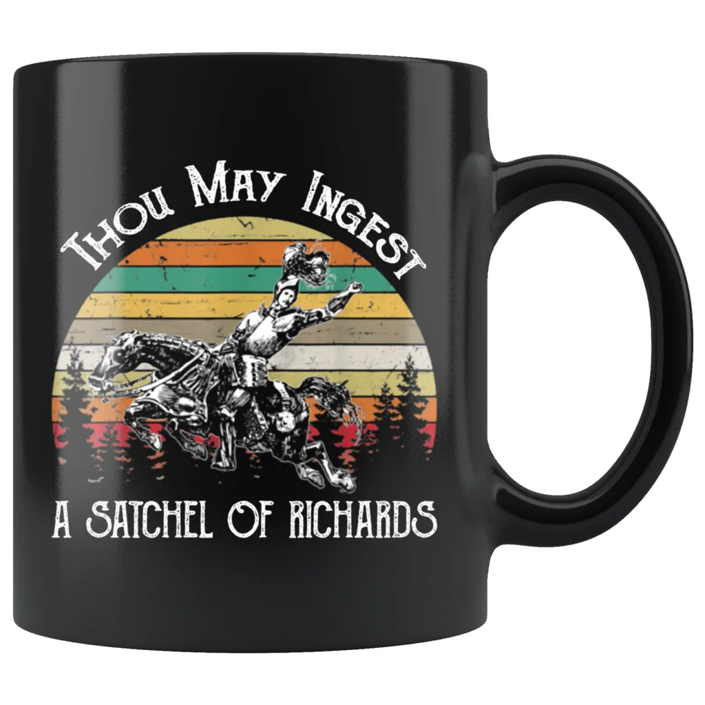 A black mug displays a vintage-style graphic of a knight on horseback charging forward against a sunset with pine trees. The…