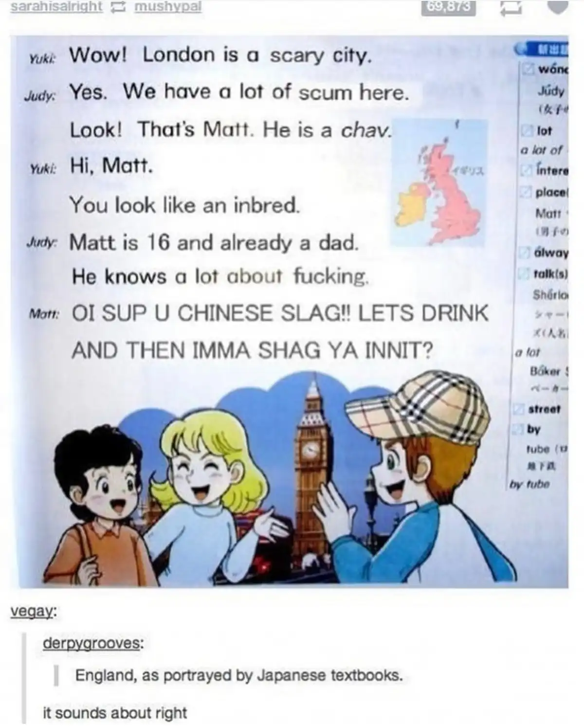 The image shows a cartoon scene with three characters in front of Big Ben, overlaid with a dialogue where Japanese…
