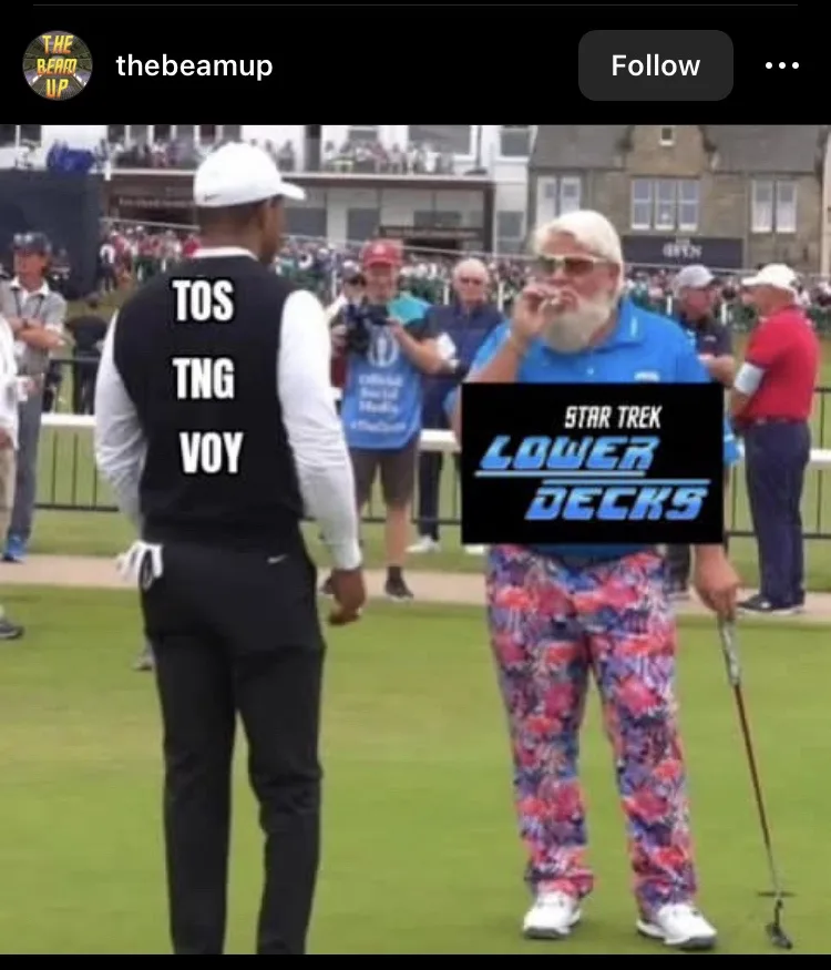 A golfer wearing a vest with 'TOS TNG VOY' written vertically on the back faces another golfer in a blue shirt and floral…