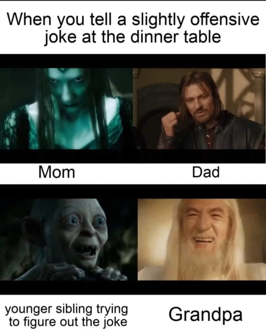 The top panel shows a pale, menacing woman labeled 'Mom' and a stern man labeled 'Dad'. The bottom panel shows a wide-eyed…
