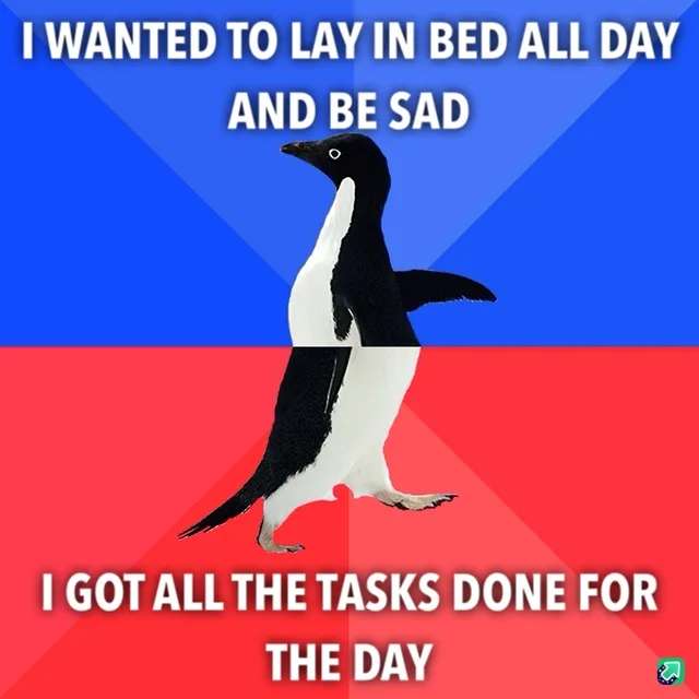 A penguin is split vertically down the middle, with the top half against a blue background and the bottom half against a red…