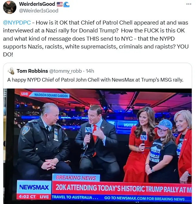 A screenshot of a NewsMax broadcast shows NYPD Chief of Patrol John Chell seated in a studio interview with a host and two…