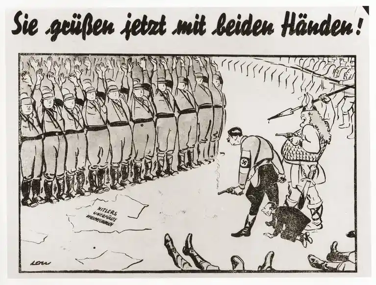 A black-and-white political cartoon shows a line of uniformed Nazi soldiers raising both hands in a salute, while a figure…