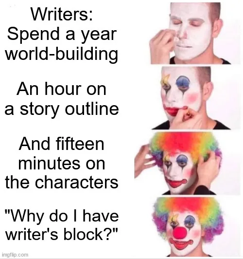 A four-panel image shows a man progressively applying clown makeup: starting with white base, then adding eye makeup, then a…