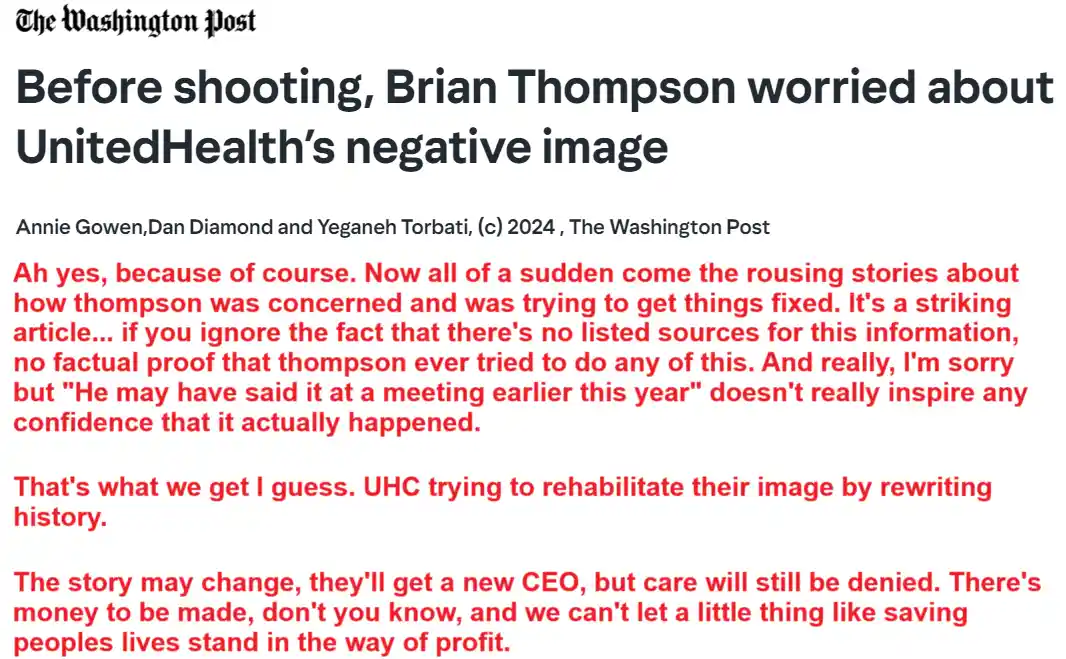 A screenshot of a Washington Post article about Brian Thompson's alleged concerns about UnitedHealth's image before his…