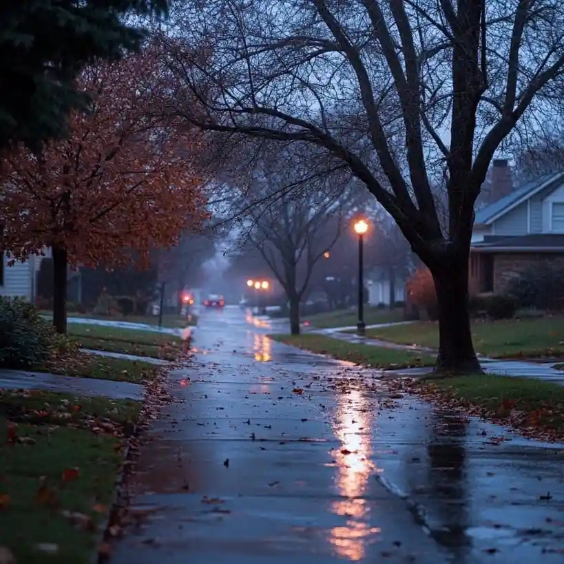 A wet, leaf-strewn suburban street at dusk, with bare trees, glowing streetlights reflecting on the pavement, and houses in…