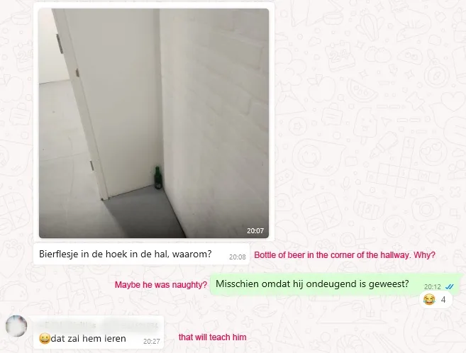 A screenshot of a chat conversation shows a photo of a green beer bottle sitting in the corner of a white hallway. The chat…