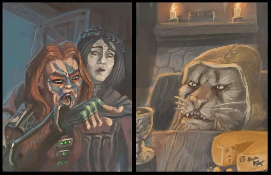 The image is split into two panels. Left: A fantasy character with blue face paint and a woman behind them look shocked…