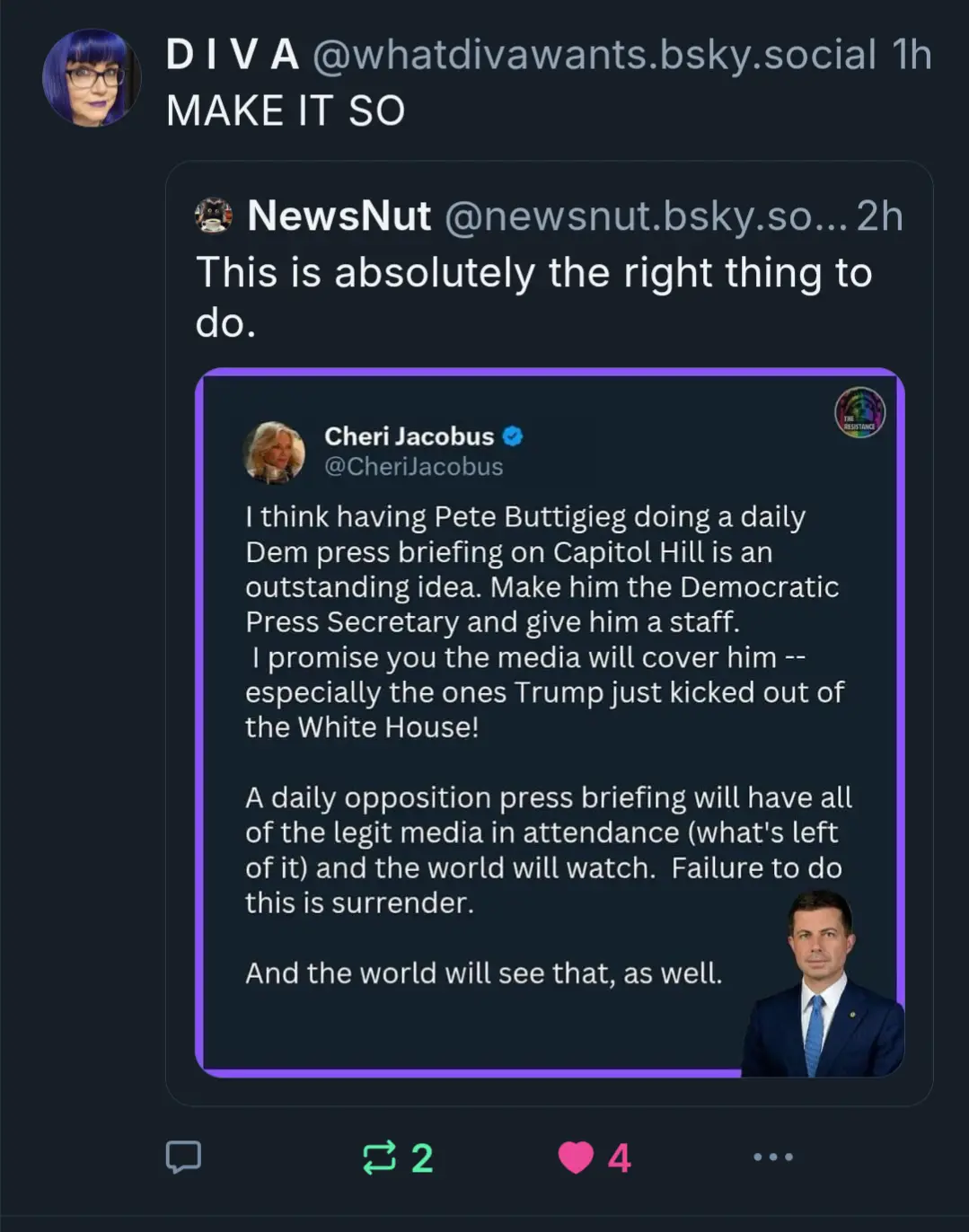 A screenshot of a social media thread shows a user named 'NewsNut' reposting a tweet from 'Cheri Jacobus' that proposes…