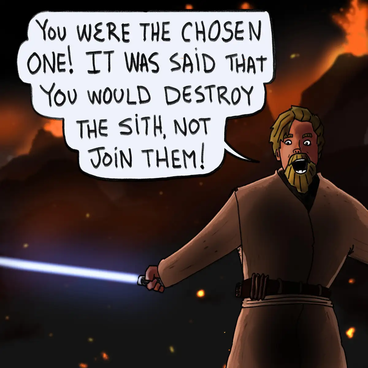 A cartoon-style depiction of a man with a beard and brown robe holding a blue lightsaber, shouting from a speech bubble. The…