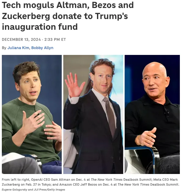 A news article screenshot shows three photos of tech executives: Sam Altman (left, in a green shirt gesturing), Mark…