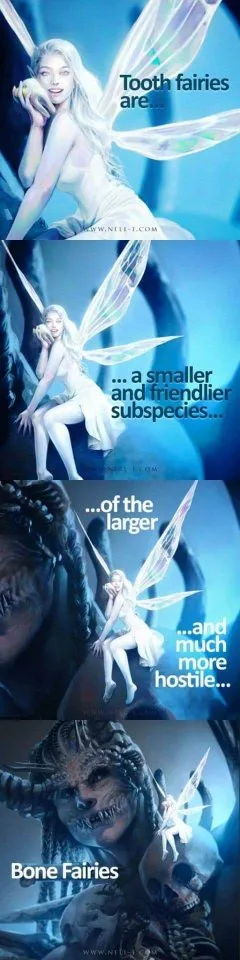 A vertical comic strip shows a small, cute fairy holding a tooth in the first panel, then progressively larger and more…