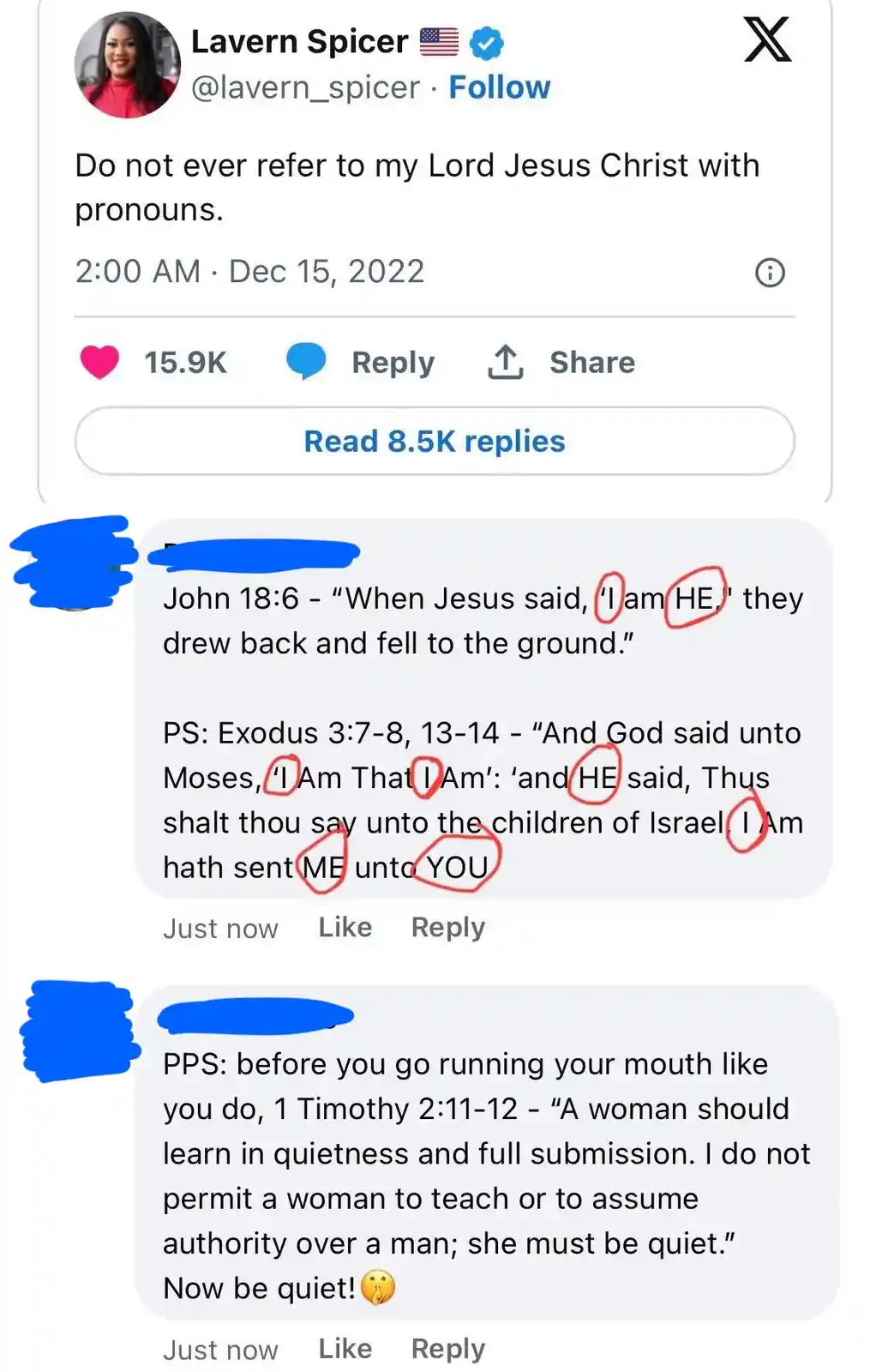 A screenshot of a Twitter/X thread where user Lavern Spicer demands not to be referred to with pronouns. Replies highlight…