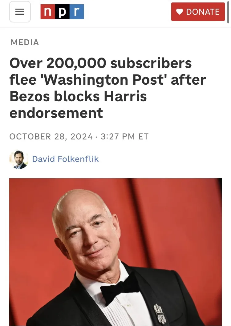 An image of Jeff Bezos in a tuxedo against a red background, overlaid with a headline from an NPR article dated October 28…