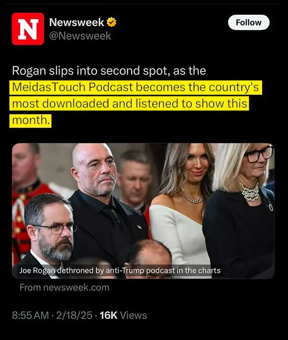 A screenshot of a Newsweek tweet shows a photo of Joe Rogan, Melania Trump, and another woman, with overlaid text announcing…