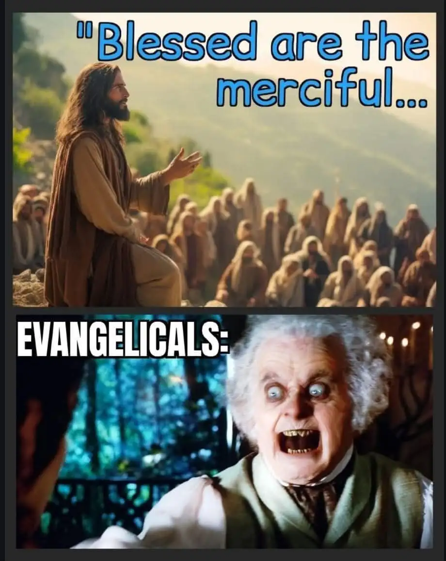 The top panel shows Jesus preaching to a crowd with the text 'Blessed are the merciful...' overlaid. The bottom panel shows…