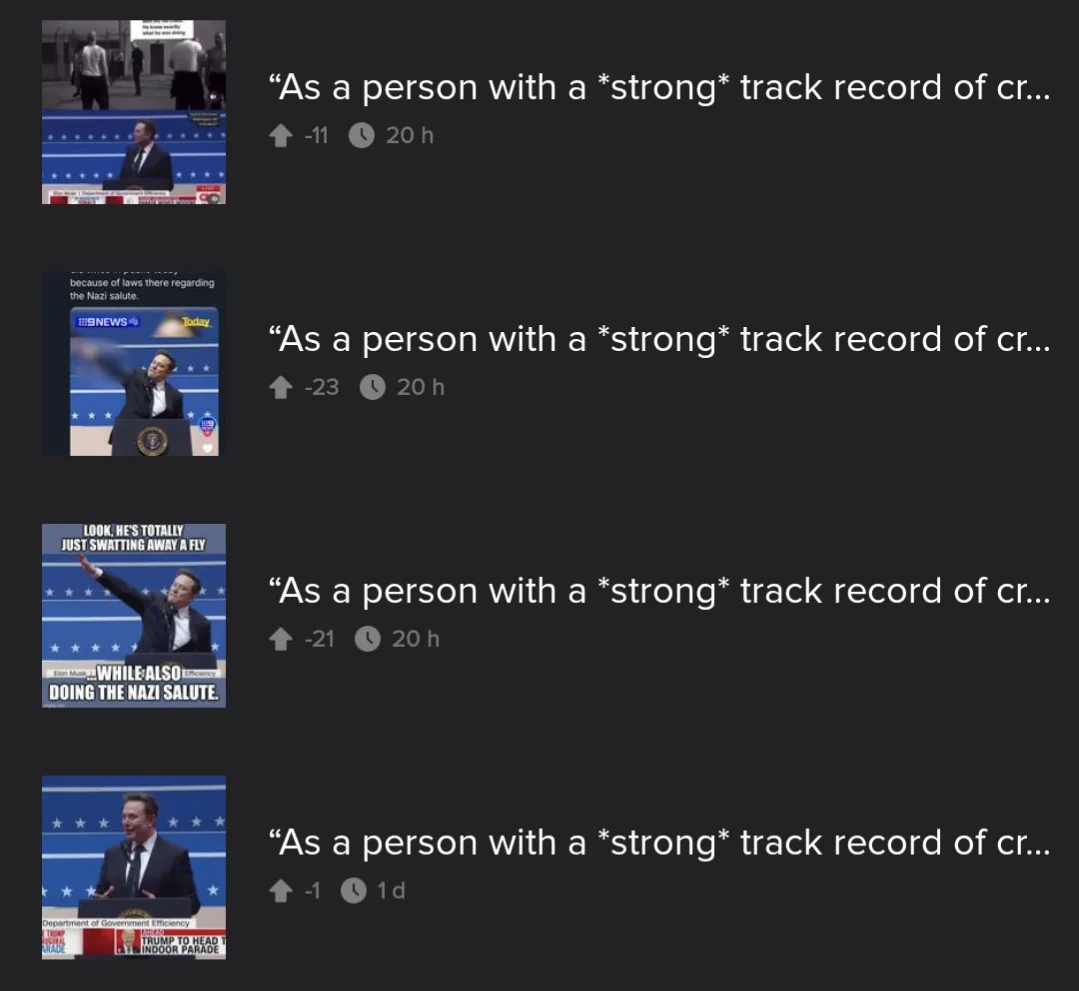 A screenshot of a social media interface showing four identical posts, each featuring a different image of Elon Musk at a…