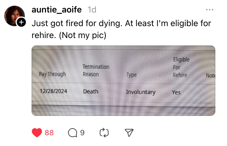A screenshot of a termination form showing 'Termination Reason: Death' and 'Eligible For Rehire: Yes' with a pay-through…