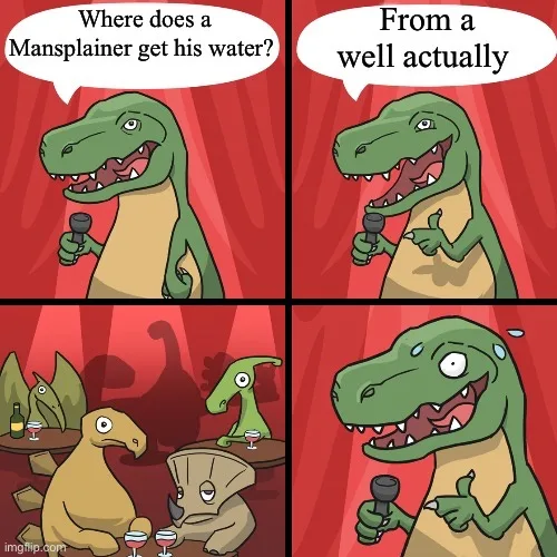 A four-panel comic featuring a green cartoon dinosaur holding a microphone on a stage with red curtains. In the first panel…
