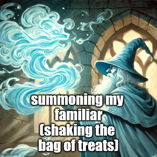 A wizard in a blue robe and pointed hat stands in a stone archway, looking up as swirling blue smoke forms the shape of a…