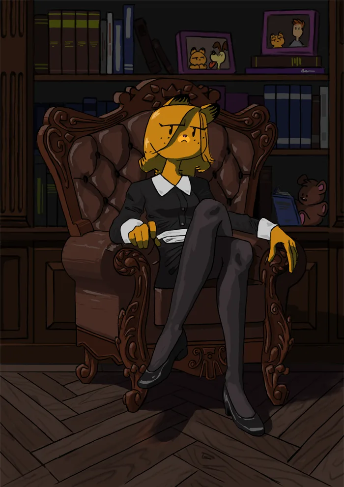 An anthropomorphic orange cat with green hair sits in a large, ornate brown armchair in a dimly lit room with bookshelves…