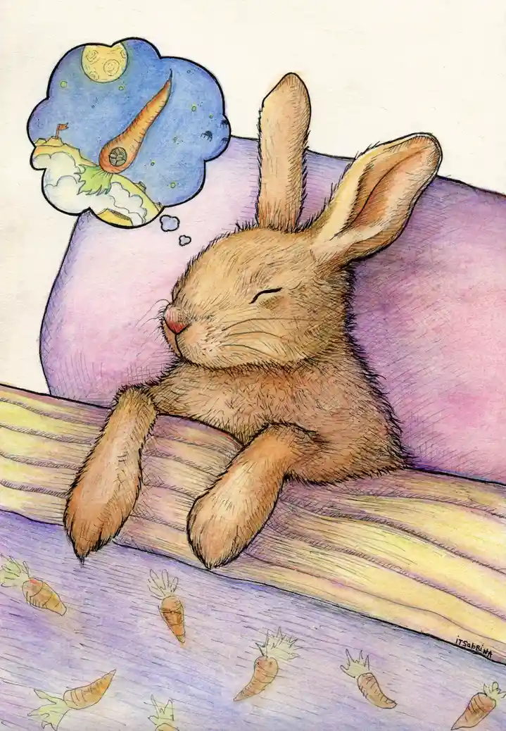 A brown bunny sleeps peacefully on a purple pillow and striped blanket, with a thought bubble above its head showing a dream…