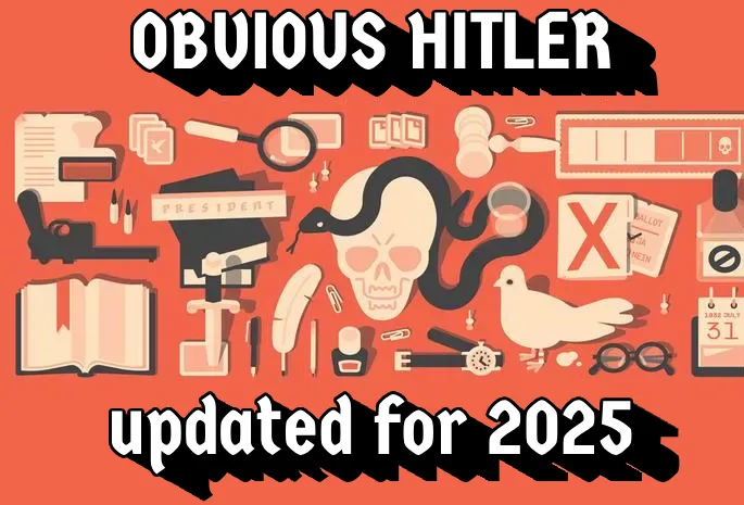 An orange background displays a collage of stylized icons including a skull with a snake, a dove, a gun, a ballot with an X…