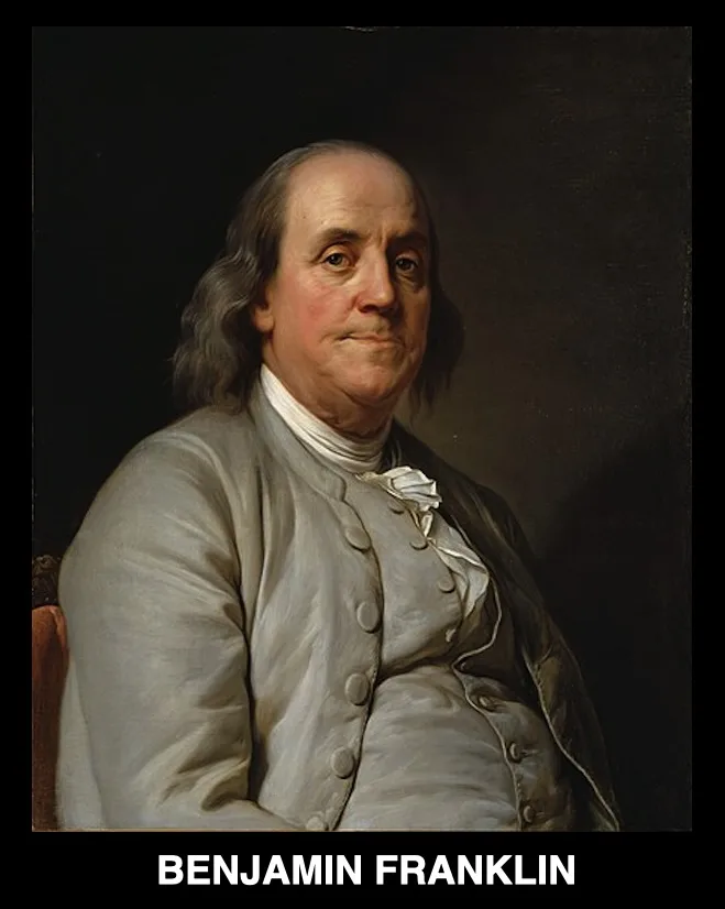 A classical portrait of Benjamin Franklin, an older man with gray hair and a serious expression, wearing 18th-century formal…