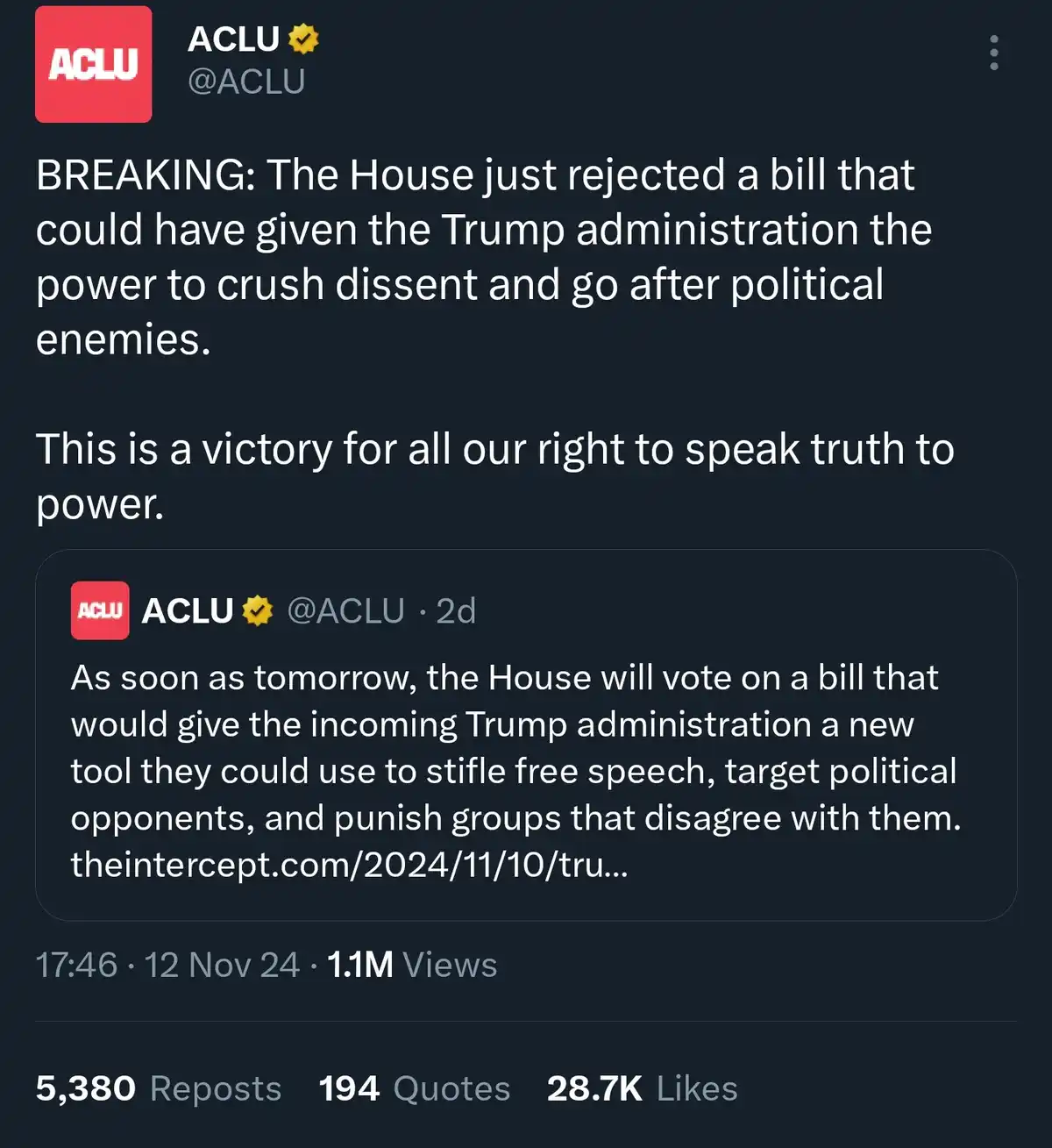 A screenshot of an ACLU Twitter post announcing a bill rejection, which they frame as a victory for free speech. The post…