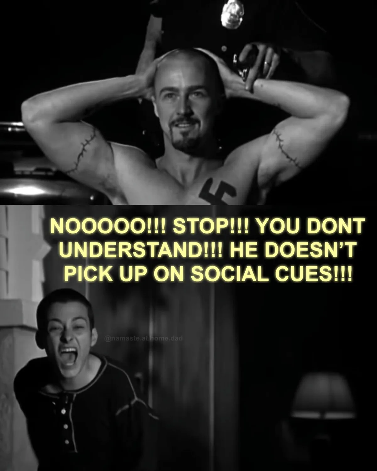 A black-and-white image shows two scenes: top, a shirtless man with a swastika tattoo and stitched arm tattoos, hands on his…